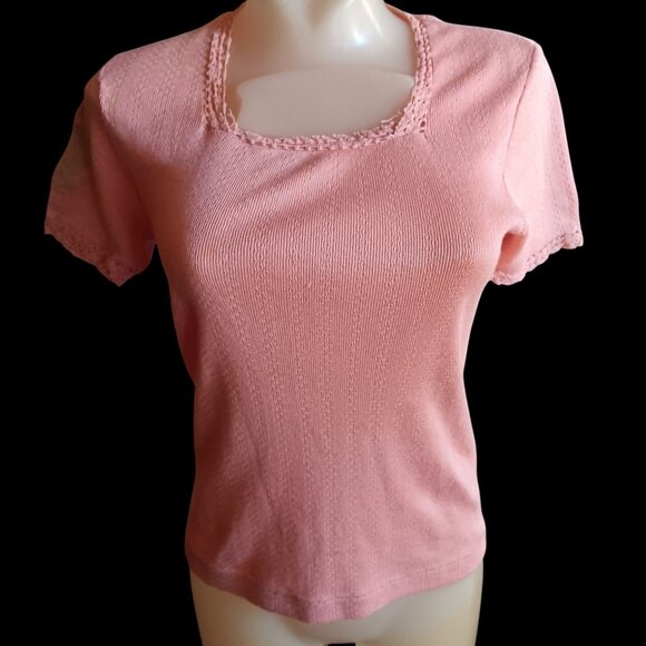 Vintage Women's Small Knitted Top K-mart 80's Trash Pink Short-Sleeve Lace Trim - Picture 2 of 8